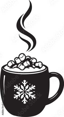 Steaming hot chocolate beverage topped with miniature marshmallows served in a winter mug design icon silhouette