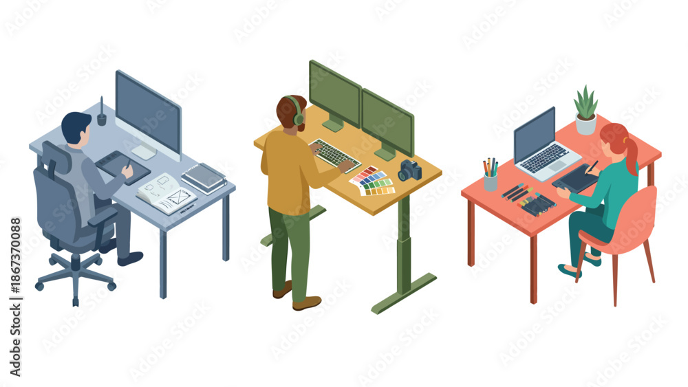 Fototapeta premium Isometric Illustration of Diverse Office Workstations with Employees