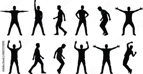 Male human silhouette action poses set, black standing walking jumping gestures of man figures isolated on white background for design and motion concepts