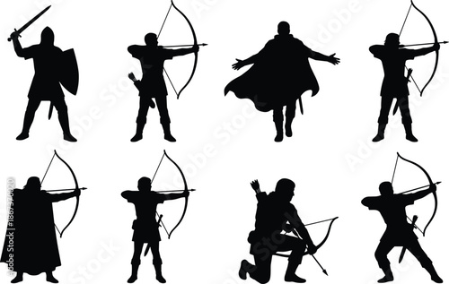 Medieval fantasy archer and warrior silhouettes set, black action poses of knights, rangers and heroes isolated on white background