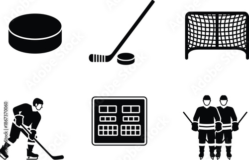 Black-and-white ice hockey icons featuring puck, stick, goal net, players, and scoreboard for sports design and educational illustration.