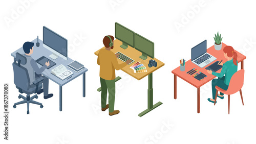 Isometric Illustration of Diverse Office Workstations with Employees