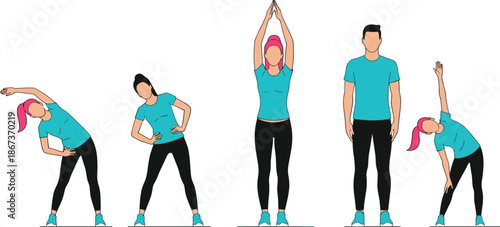 People Performing Morning Stretching Exercises and Warm Up Workout Poses Isolated on White Background Flat Vector Illustration