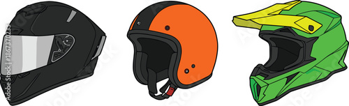 Motorcycle helmet illustration set showing full face, open face and motocross helmets, protective riding gear designs isolated on white background