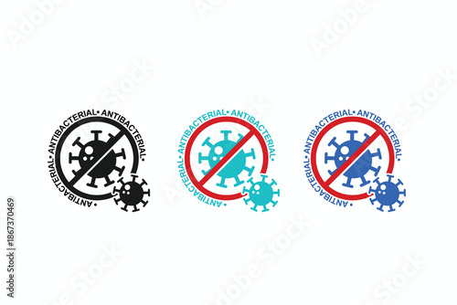 Antibacterial protection icon set showing germs and prevention symbols. Suitable for hygiene products, medical design, healthcare apps, and cleanliness concepts.