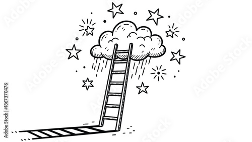 Ladder To Cloud Dream: Whimsical Sketch Of Reaching Dreams And Stars