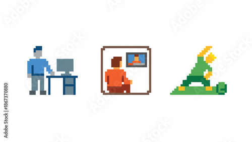 Pixel Art Illustrations of Remote Work and Fitness Activities