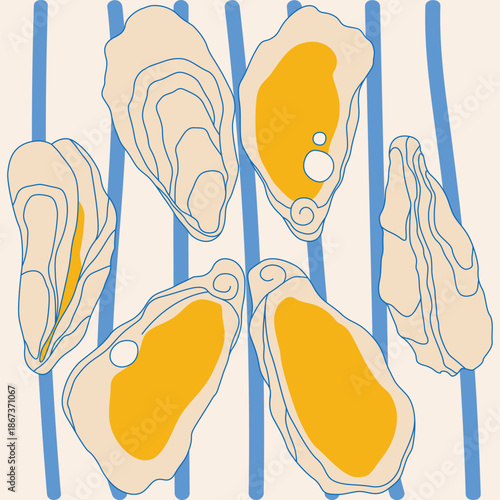 Vector oyster pattern in the Italian style of "la dolce vita." Suitable for wall murals, invitations, menu design, and decorative prints. Stickers, Mediterranean seafood, pearl oyster shelves, delicio
