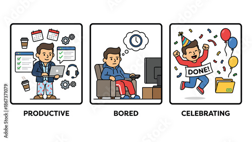 Cartoon Illustration of Productivity, Boredom, and Celebration Phases