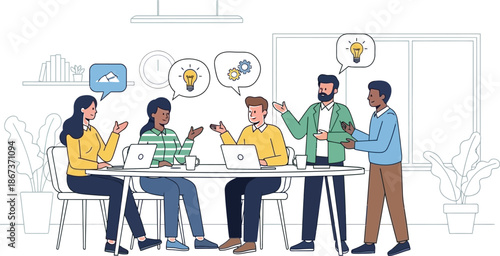 Diverse team of colleagues actively engaged in a vibrant brainstorming session sharing innovative ideas and discussing project strategy around a modern office table.