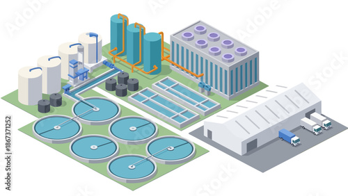 An isometric vector illustration of a water treatment facility featuring five circular clarifiers, rectangular aeration pools, large storage tanks, and a distribution warehouse with trucks