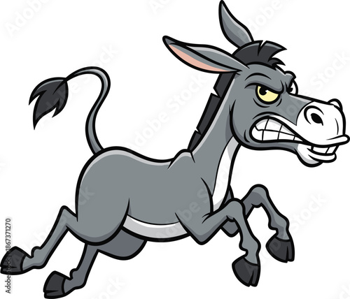 Aggressive Angry Donkey Cartoon Character Running and Charging with Mean Expression, Gritted Teeth, Stubborn Mule Vector Illustration Isolated on White Background