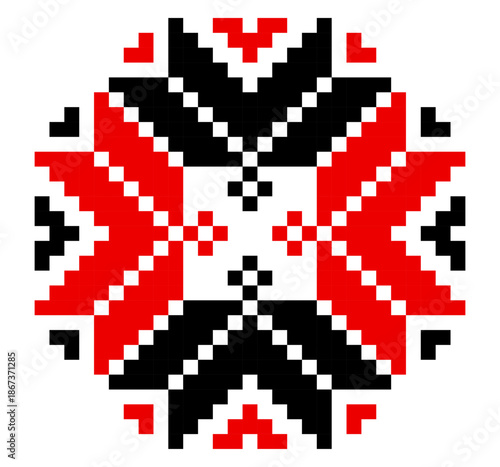Traditional geometrical ornament isolated on white. Vyshyvanka icon. Cross stitch. Embroidery in black and red colors. Vector element for design. Folk pattern. Festive ornament