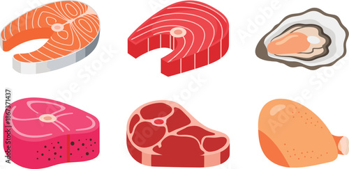 Raw Meat and Seafood Cuts Icon Set Including Beef Steak Salmon Fish Oyster and Chicken Isolated on White Background
