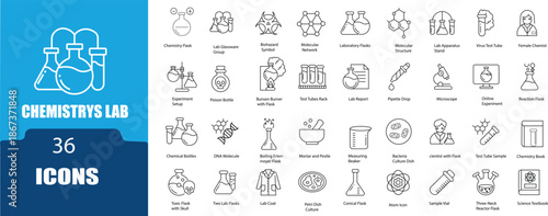 Chemistry Lab Line Icons set .Research Tools, Experiments  ,Lab Report,Chemical Bottles,Chemist, Microscope, and more. Outline Icon Collection. 