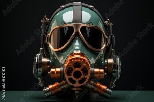 Steampunk gas mask showcasing futuristic design with metallic accents and vintage goggles