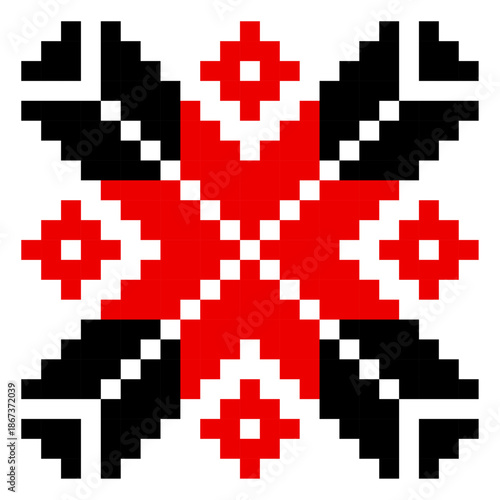 Traditional geometrical ornament isolated on white. Vyshyvanka icon. Cross stitch. Embroidery in black and red colors. Vector element for design. Folk pattern. Festive ornament