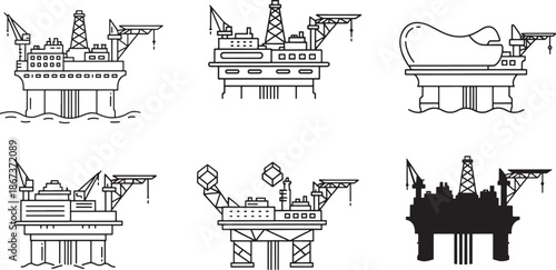 A collection of oil rig platform illustrations showing different design styles and silhouettes Vector