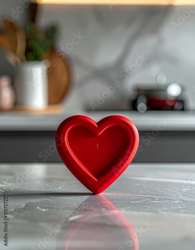 Red Heart Shape on Granite Countertop in Bright Kitchen with Modern Decor