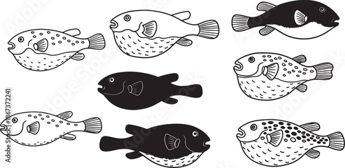 Set of eight hand drawn cartoon fish with different shapes and patterns
