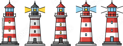 A collection of red and white striped lighthouse illustrations showing different light states Vector