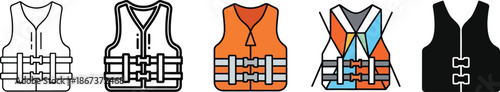 Life Jacket Safety Icons – Water Rescue Vest Symbols, Marine Protection Equipment, Boating Emergency Gear Vector