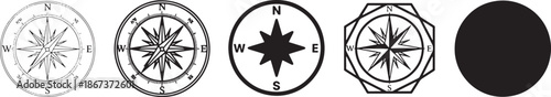 Five black and white icons featuring different styles of compass roses and a solid black circle Vector