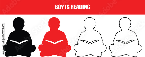 Minimalist vector set featuring silhouette and line art icons of a young boy reading a book for education, literacy, library branding, school graphic design projects. 