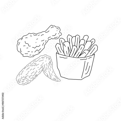 Fried Chicken and French Fries Doodle Line Art. Crispy Drumstick and Wings with Fries. Hand Drawn Fast Food Illustration Isolated. Minimal Black and White Sketch.