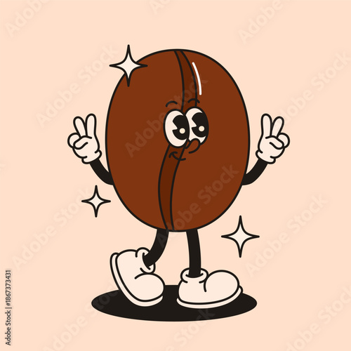 Groovy coffee bean character in retro style.