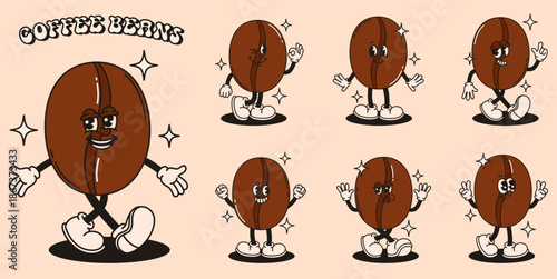 Set of groovy coffee beans characters in retro style.