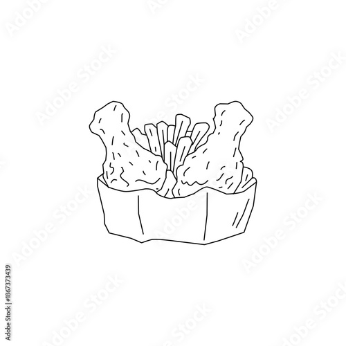 Fried Chicken and French Fries Doodle Line Art. Crispy Drumstick and Wings with Fries. Hand Drawn Fast Food Illustration Isolated. Minimal Black and White Sketch.