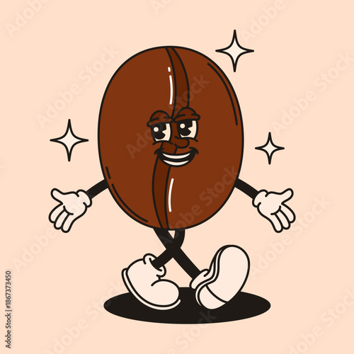 Groovy coffee bean character in retro style.
