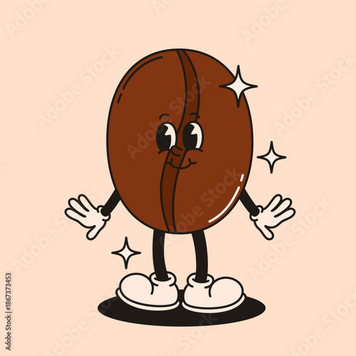 Mascot cute coffee bean character in retro groovy style.