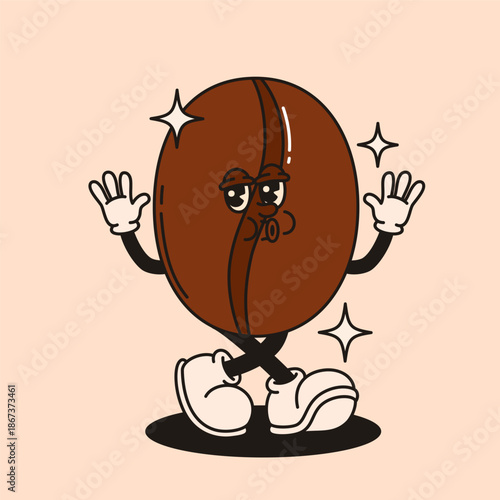Coffee bean mascot character in retro groovy style.