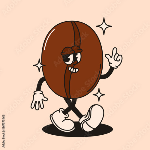 Mascot cute coffee bean character in retro groovy style.