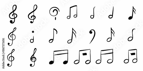 Collection of various musical symbols and notes in black and white