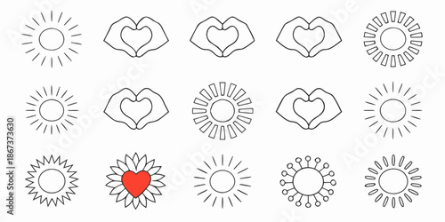 A collection of stylized sun and heart line drawings in a repeating pattern