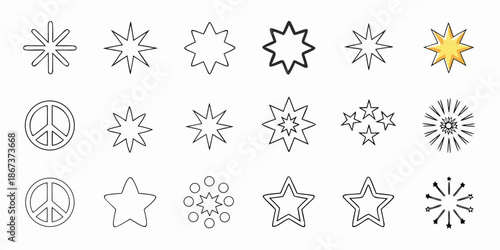 Collection of various starburst star and peace sign line icons