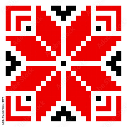 Traditional geometrical ornament isolated on white. Vyshyvanka icon. Cross stitch. Embroidery in black and red colors. Vector element for design. Folk pattern. Festive ornament