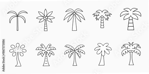 Simple black and white illustration of various palm tree and floral designs