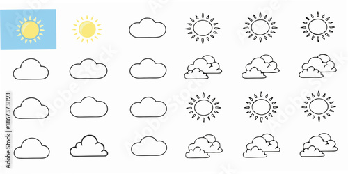 A collection of weather icons depicting suns and clouds in various styles