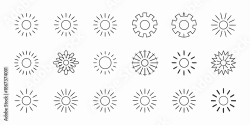 A collection of various line art gears and sunburst designs arranged in rows