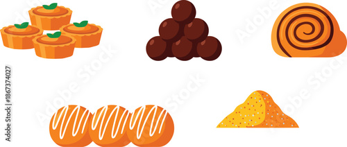 Traditional Sweet Desserts Collection Including Pastries, Chocolate Balls and Syrup Sweets Isolated on White Flat Vector