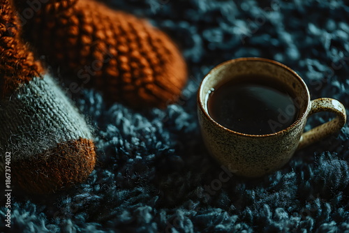 Warm coffee and cozy socks on a soft blanket during a chilly evening at home
