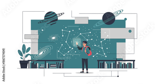 Exploring cosmic horizons a student engaging with futuristic galaxy simulation display