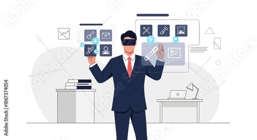 Executive navigating virtual reality interface for innovative business strategies and