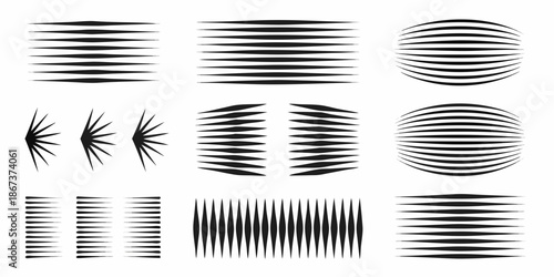 Collection of various black linear graphic elements and striped patterns isolated on white
