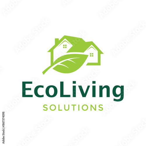 Modern green houses with leaf for sustainable real estate or eco-friendly living home environmental business logo design