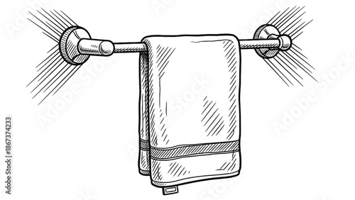 Towel Draped Over Bar on Bathroom Rod: Clean Linen Bath Towel for Home Decor